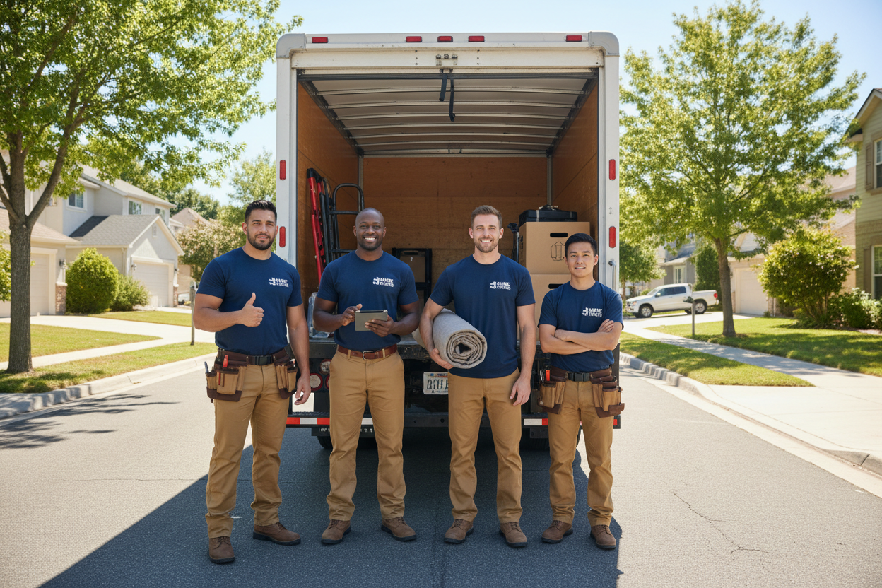4 guys standing behind a box truck ready to work